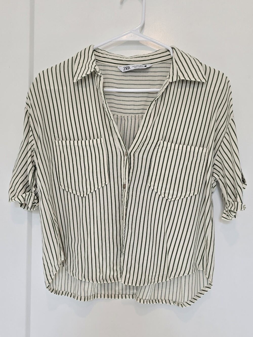 Zara Green Cream Striped Linen Blend Button Up Shirt Roll Tab Sleeves